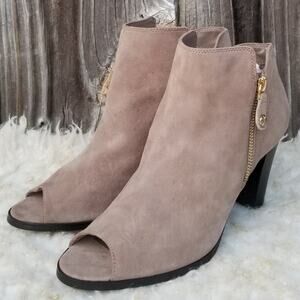 Size 7.5 Open Toe Bootie Tan Suede Leather Heeled Ankle Boot Side Zip
